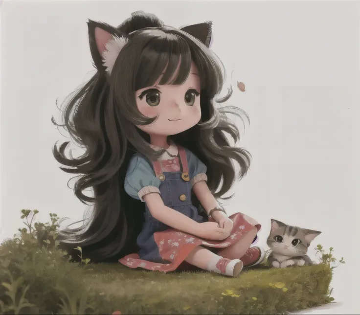 cartoon long-haired girl sitting on the ground，There is a cat next to it, Cute digital painting, Cute digital art, Lovely and detailed digital art, cute cartoon, Cute illustrations, Lovely art style, Lovely detailed artwork, cute cartoon character, Realist...