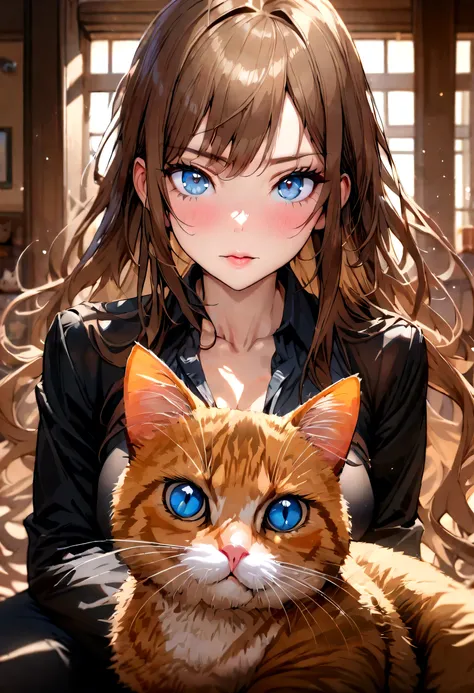 (Highest quality)(1 woman,single,long hair,brown hair,blue eyes ,Black suit shirt,sexy,Turn to look at the viewer,with guardian cat)