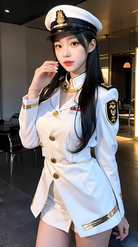 最high quality, masterpiece, 32k、Very detailed、Realistic、1 girl, Japanese women、White military uniform costume、High-grade, futuristic, sexy costume, White and gold military uniform、US Army military uniform hat、White and gold military uniform、class seal、Wear...