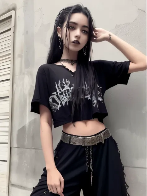 Mujer Arafed con una camiseta negra completa sin figuras y pantalones cortos de yoga posando para una foto, ropa de bruja, 1 7 year old anime gothic girl, cruel korean gothic girl, ropa punk gotica, usando streetwear cyberpunk, gothic girl aesthetic, Gothi...