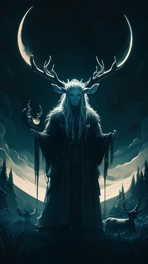 painting of a man with a deer and a moon in the background, horned god, heilung, goddess of the hunt and the moon, celtic antlered god, cernunnos, ancient antler deity, pagan goddess, wendigo, the wendigo, just art for dark metal music, southern gothic art...