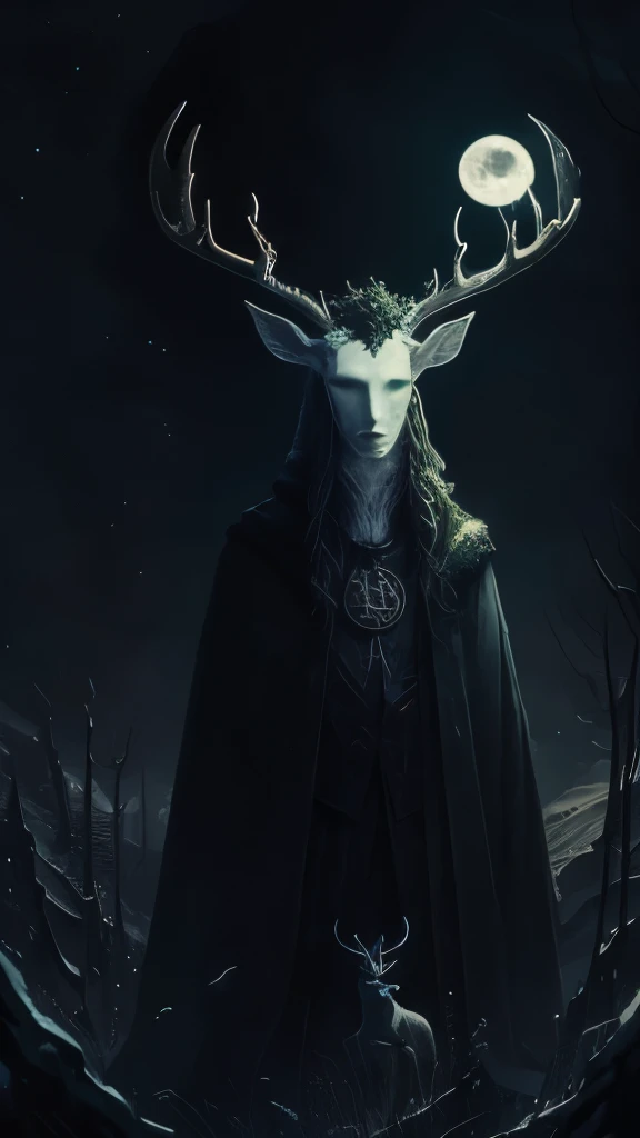 painting of a man with a deer and a moon in the background, a surrealist painting by lovecraft, tumblr, gothic art, horned god, heilung, goddess of the hunt and the moon, celtic antlered god, cernunnos, ancient antler deity, pagan goddess, wendigo, the wen...