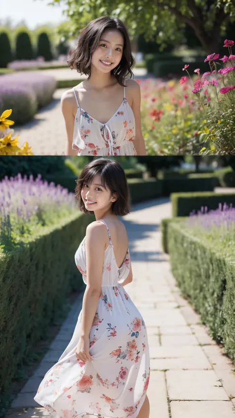 masterpiece, highest quality, disorganized, perfect anatomy, 1 girl, alone, pascal tales, short hair, beautiful, Hilarious, sunny day, botanical garden, Summer winds, sundress, Floral, wavy hair, smile