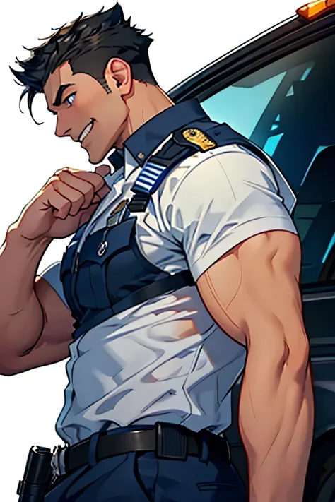 a handsome police officer with blue eyes, short black hair, wide grin, sexy pose, no background, side view