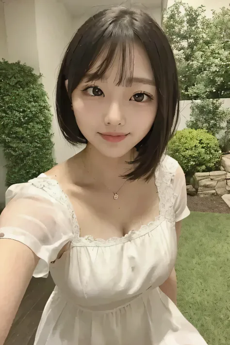 garden、White short-sleeved dress、Selfie、smile、Symmetrical face