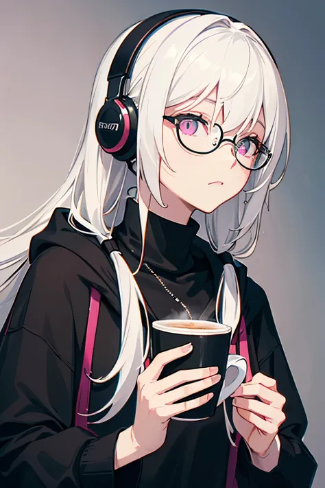 I drink a cup of coffee, ((highest quality)), ((masterpiece)), (be familiar with), perfect face,white hair,Green mesh,pink droopy eyes,round glasses,black hoodie,headphones,black gloves,turtleneck,alone,icon