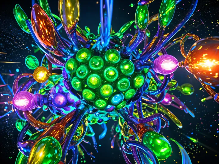 A dynamically shimmering cholinesterase molecule, each intricate atomic detail gleaming with vitality: enzyme coils dancing in shades of emerald and topaz, a kaleidoscope of chemical bonds vibrating with energy, and mesmerizingly luminescent active sites n...