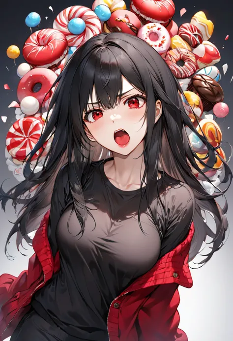 (angry:1.3 style) (wide open mouth), (18 yo, solo straight:1.3 black hair long hair cute dominance girl, angry red eyes wide open, red lips, angry:1.5 face, big chest), (in a beautiful black Shirts, red cardigans), break, (background is Many sweets), BREAK...