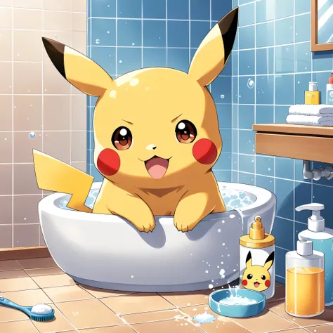 Illustrate a cute scene of Pikachu washing its face in the bathroom or brushing its teeth as part of a morning routine