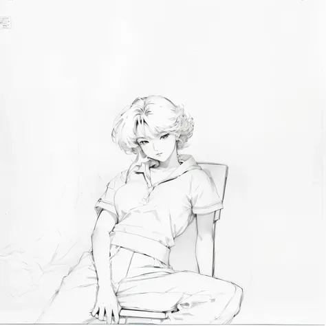 drawing of a woman sitting on a chair with her legs crossed, by Yuki Ogura, inspired by Naoko Takeuchi, anime sketch, a manga drawing, manga drawing, by Naka Bokunen, inspired by Yumihiko Amano, manga style of kentaro miura, casual pose, anime style drawin...