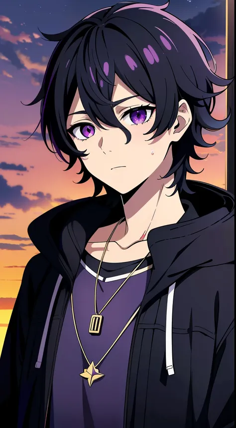 (high-quality, breathtaking),(expressive eyes, perfect face) 1male, male , solo, 10yrs old, short hair length, wavy curly hair, messy hair, black hair color, multicolored hair, deep purple eye color, music, mature, haunting twilight background, slightly na...