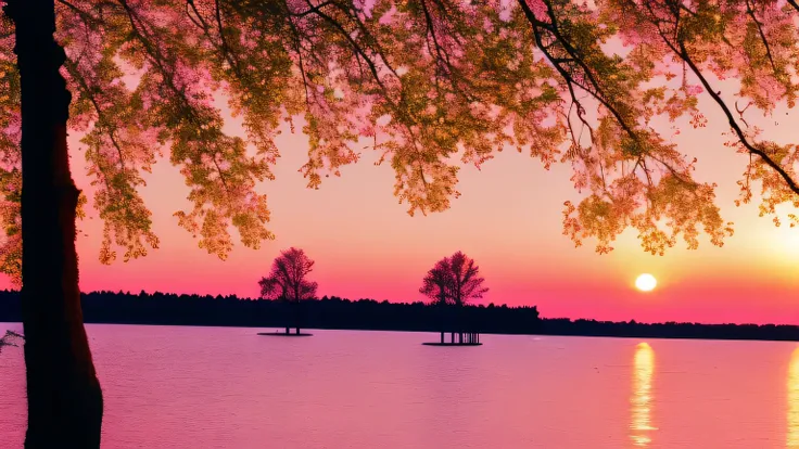 two tree and one lake and one pink tree with sun set