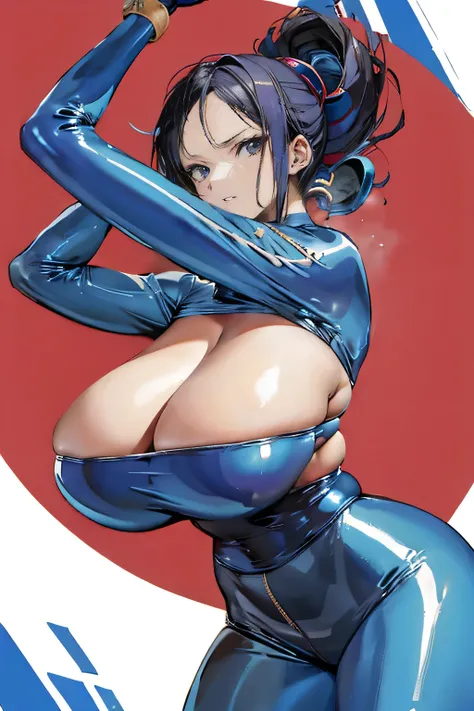 One piece tights，combine，Blue latex set，Stand your ground，Huge boobs，Upper body photo，Large Breasts，Saggy breasts，Super big breasts，Massage the breasts，There is a gap between the legs，