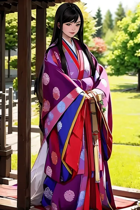 (masterpiece, best quality:1.2), 1girl, juni-hitoe, solo, very long black hair, purple-red karaginu, purple-red hakama, holding ...