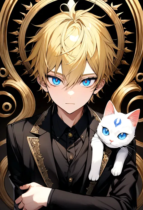 (Highest quality)(1 teenage male,single,golden hair,blue eyes ,Black suit shirt,Turn to look at the viewer,with guardian cat)