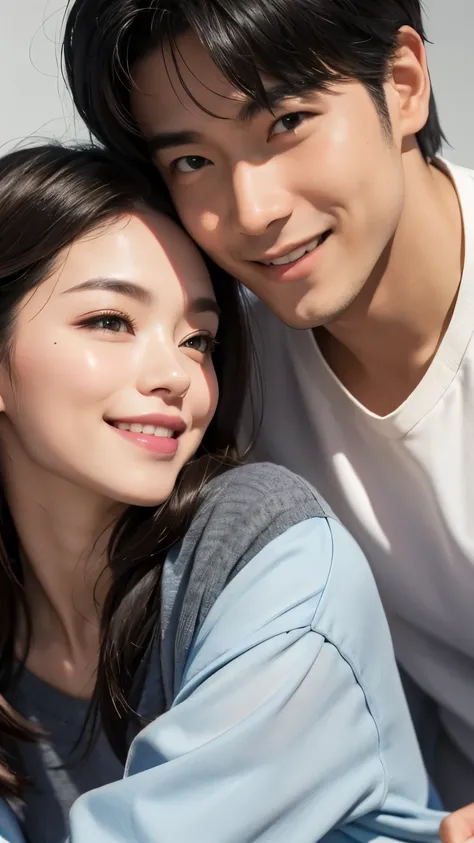 A man and a woman in loose, refreshing clothes are rubbing cheeks together、Looking straight at the camera and smiling, The background is a plain gray gradient, Close-up