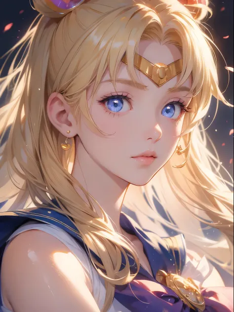 sailor moon, 1 girl, blonde hair, long hair, blue eyes, detailed eyes, single focus, single background, female focus, alone, standing, usagi tzukino, portrait,, (Masterpiece:1.0), (best quality:1.0 ), (8k wallpaper:1.0), (detailed beautiful face:1.0), (det...