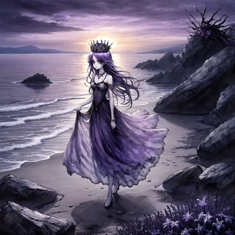 A beautiful creature with a lavender flowers tiara walks on a creepy rocky beach, beach sunset, shadowlike ghost floating, nightmare, gloomy, slightly influenced by Tim Burton and Luis Royo, highly detailed.