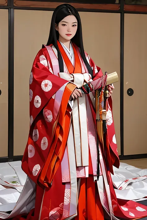 (masterpiece, best quality:1.2), 1girl, juni-hitoe, solo, hole body, from front, very long straight black hair, binsogi-hair, holding open hiogi, wine red karaginu, pink karaginu-eri, dark-red hakama, court crest print, itutuginu, kasanenoirome, munamoto i...