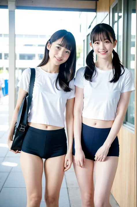 2 girls standing in Japanese city,white plain t-shirt with blue trim,navy blue speedo swimming briefs,school bag,18-year-old,bangs,a little smile,large bare thighs,knees,legs apart,short hair with low pigtails,from before,front light