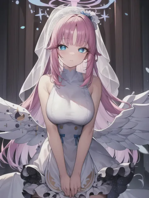 a girl，long hair, bangs, pink hair, hair between the eyes, (blue eyes:1.5),  (large breasts:1.2), 
rest clavicle, wedding dress，...