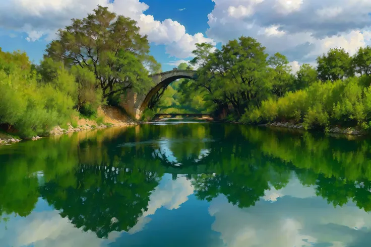 there is a river with a bridge and trees in the background, river with stunning water, reflections on the river, stone bridge, v...