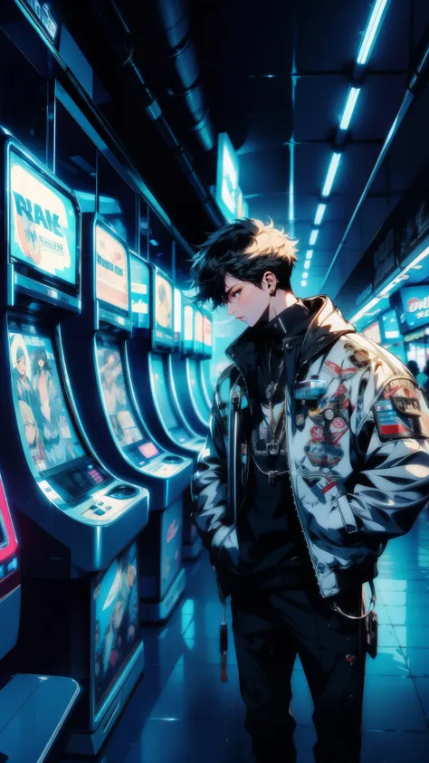 Inside a dimly lit, neon-tinged mall, a stylish boy teenager in a mirrored jacket ducks behind a glowing ticket booth.  ((Hands in pockets)), Abstract shapes formed by glowing arcade cabinets pulsate in the background. Action movie scene, suspenseful mood,...