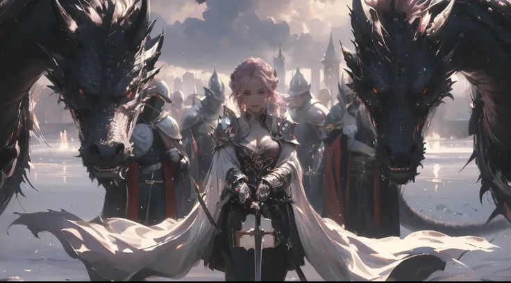 (masterpiece), (best quality), (ultra-detailed), (best illustration), (best shadow), (absurdres), Female, 25 years old, pink hair, evil smile, Dragon, 