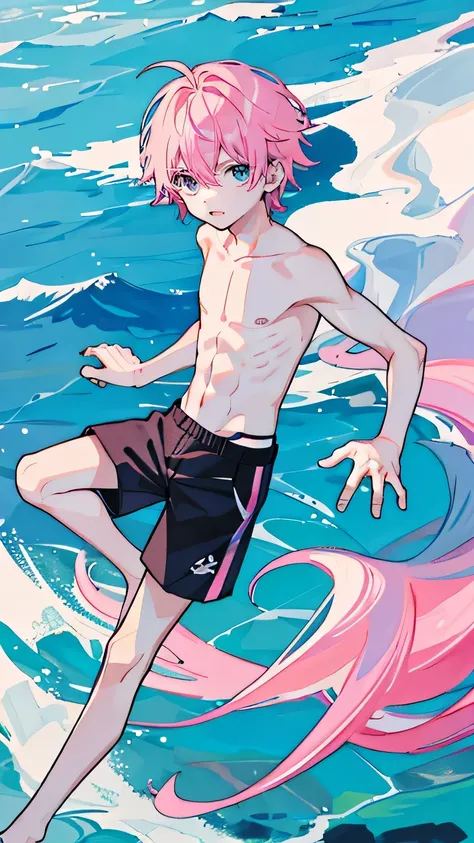 1 boy, pink hair, black eye, whole body, sea background