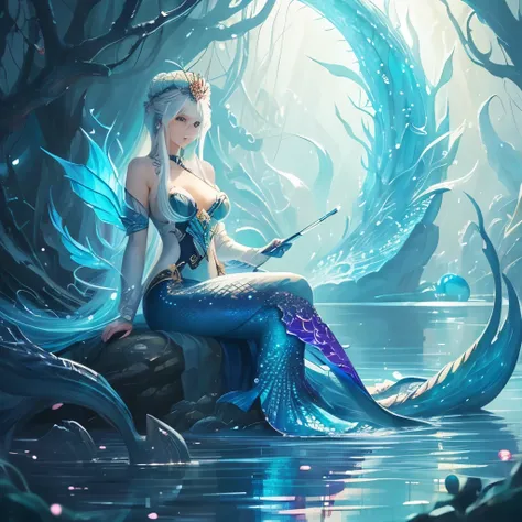 a close up of a woman sitting in a body of water, a detailed painting by Yang J, pixiv, fantasy art, fine details. anime. tentacles, white haired deity, beautiful mermaid, beautiful depiction, iridescent scales on her body, beautiful fantasy anime, ”beauti...