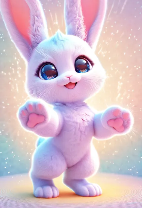 best quality, super fine, extremely detailed, 2.5D, delicate and dynamic, cute fluffy baby rabbit standing, claw pose, paw pose, sparkly pastel color effect background