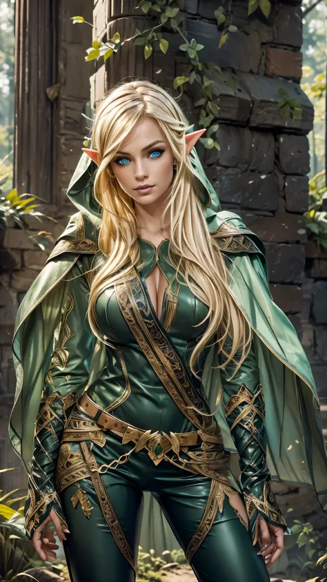 medieval setting, full view of body, (detailed elf ear, 1 woman, elven featured face, beautiful green eyes, blonde hair), leather armor, black leather pants, leather hooded cape, 