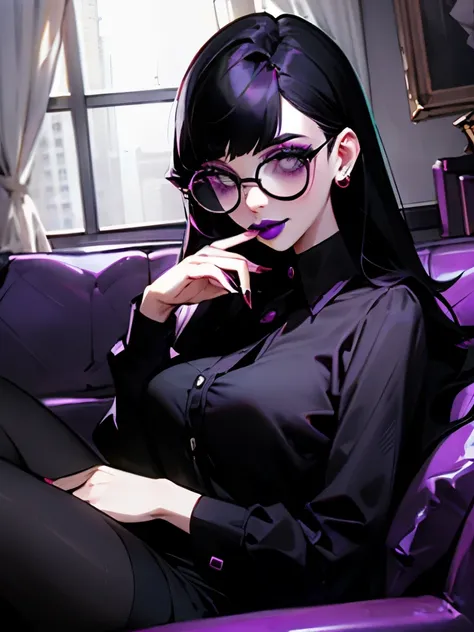 1girl, goth, round glasses, purple lipstick, lipstick, black hair, living room