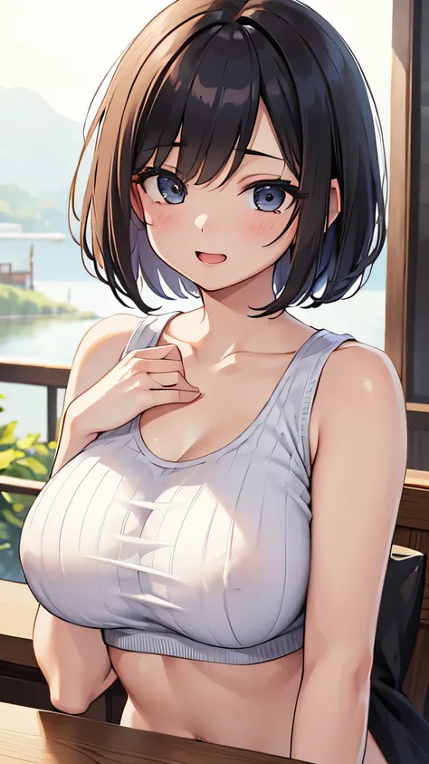 Tabletop, highest quality, Realistic, In detail, High resolution, 8k wallpaper, Perfect dynamic composition, Beautiful details, Bob Cut Hair, Big ample breasts, Random sexy poses,Chest to chest、(Open Chest Crop Tank Top Knitwear Clear Clave,red)、(Breast sw...