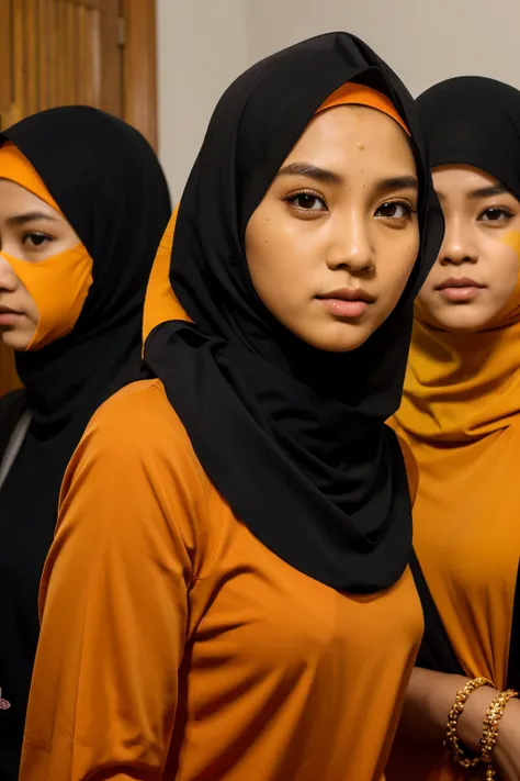 animasi 2 orang laki laki dan 5 orang perempuan memakai hijab menggunakan baju berwarna kuning dengan lengan berwarna hitam, berumur sekitar 21 tahun terdapat sapi yang sedang di potong