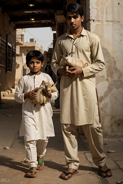 A goat and a camel in the hands of a Pakistani boy