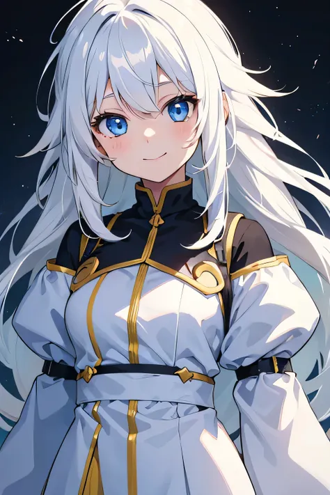 girl, cute anime girl, smiling, white hair and yellow hair, long hair, messy hair, blue eyes, glowing eyes
