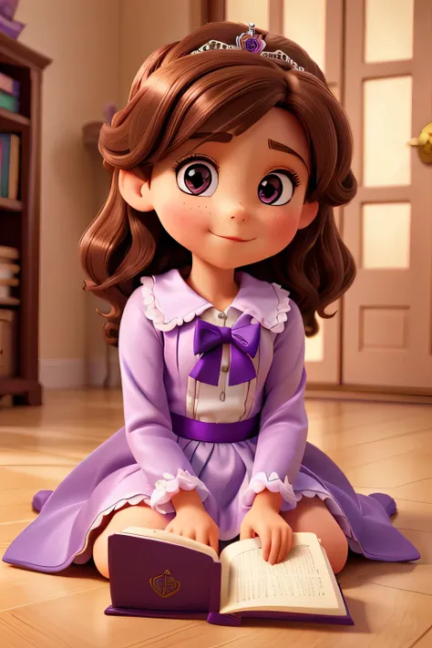 a beautiful young girl, ten years old, brown curl hair, sitting on the floor and reading a purple book, wearing a long-sleeved white dress, a white tiara with a purple sash, 