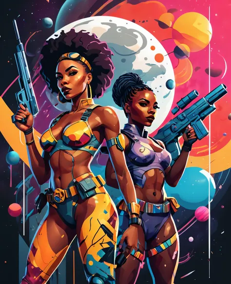 Low angle shot of Vector Art, Colorful illustration with  African soldier team of two african men and two african women holding  futuristic guns, looking at the viewer with serious facial expressions. Spaceships, horoscopes and solar system in the backgrou...