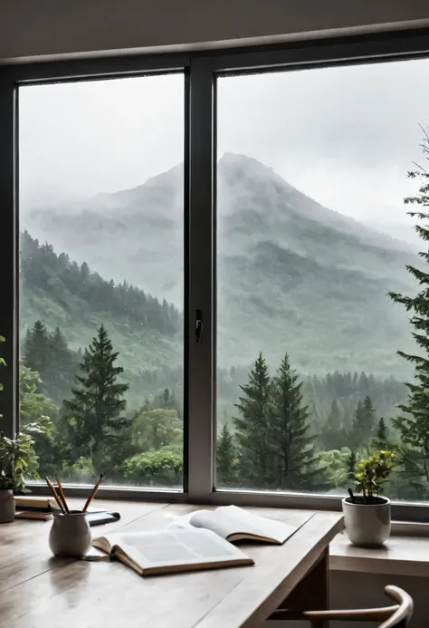 there is a view of a mountain through a window from a porch, quiet and serene atmosphere, inside on a rainy day, White study desk