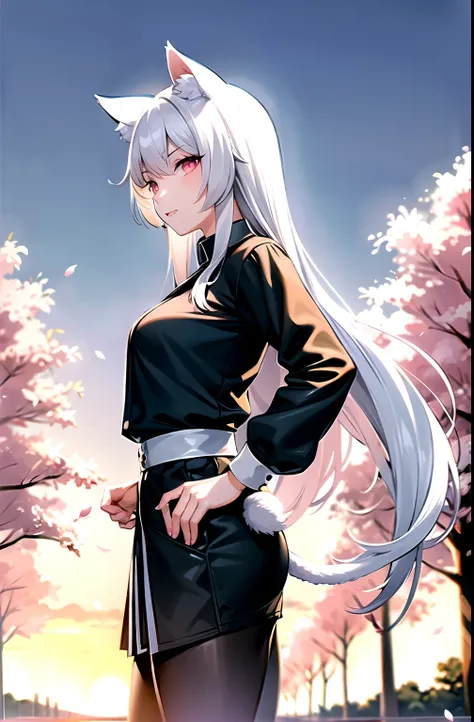 catgirl, cat tail, cat ears, white hair, long hair, pink eyes, japan, cherry trees, green field, sunset, kung fu uniform, do kung fu, firm, strict