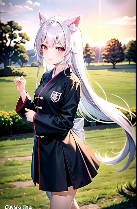 catgirl, cat tail, cat ears, white hair, long hair, pink eyes, japan, cherry trees, green field, sunset, kung fu uniform, do kung fu, firm, strict