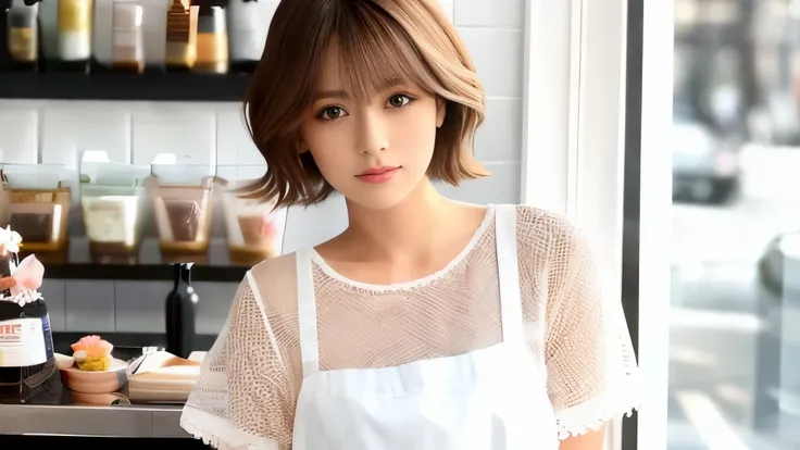 super high quality, Fashion Model, short hair, thin, The staff is working at the counter in the back.., (8k、RAW Photos、Highest quality、masterpiece:1.2), Japanese Idols, Serious expression, Hairy, Brown Hair, Stylish cafe, Fashion magazine shooting, (Realis...