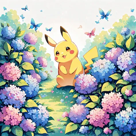 Create a cute illustration of Pikachu playing among hydrangeas. Pikachu should be surrounded by blooming hydrangea flowers in various shades of blue, pink, and purple. Include details like Pikachu smelling a flower or playing with a fallen petal. The scene...