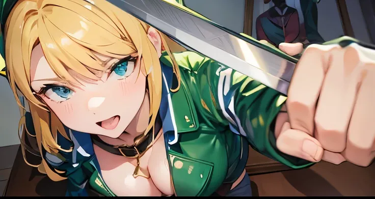 Cleavage、Korean、1 girl、blonde、amount、Green Leather Shirt、Raise your collar、Look up、日本knife、knife