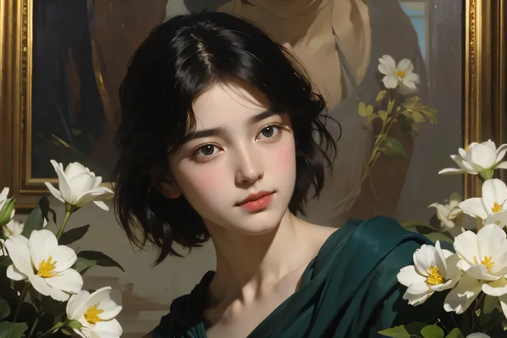 (masterpiece), (highest quality), oil, classical painting, 1 girl, portrait, bare shoulders, dress, earth color, flowers、(Sargent oil painting)、(highest quality、masterpiece)、 Realistic， photorealist， one girl，  solo，beautiful face、lifelike face、black haire...