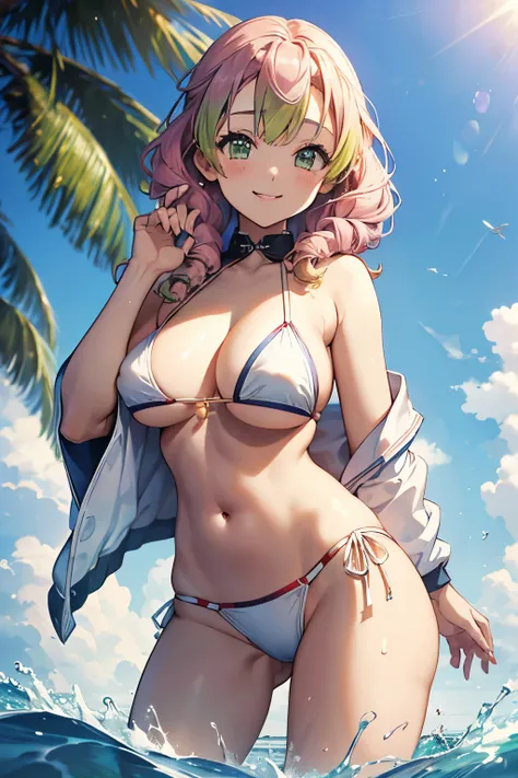 (8K、masterpiece、Highly detailed background、high resolution)、(mitsuri kanroji)、Cleavage、(beach、White Bikini、Swim ring、Gravure pose、Embarrassed smile、Nipple protrusion)