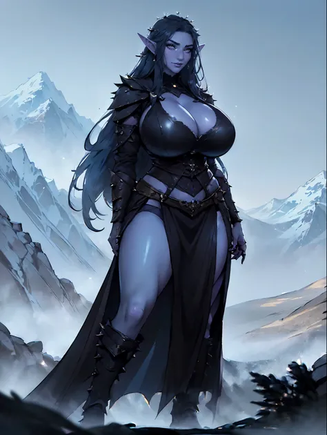 (masterpiece, top quality, best quality, official art, beautiful and aesthetic:1.2), (1girl:1.3), ((Sharp facial features, sharp features, hawkish features)), ((big hair, long elf ears, long black hair)), (((pale purple skin, pale blue skin, blue skin, pur...