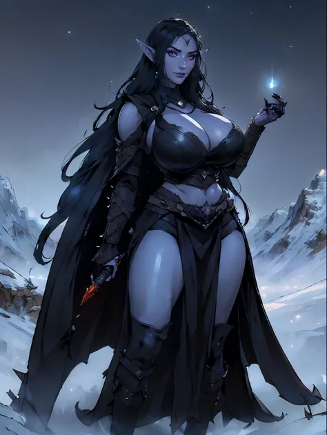 (masterpiece, top quality, best quality, official art, beautiful and aesthetic:1.2), (1girl:1.3), ((Sharp facial features, sharp features, hawkish features)), ((big hair, long elf ears, long black hair)), (((pale purple skin, pale blue skin, blue skin, pur...