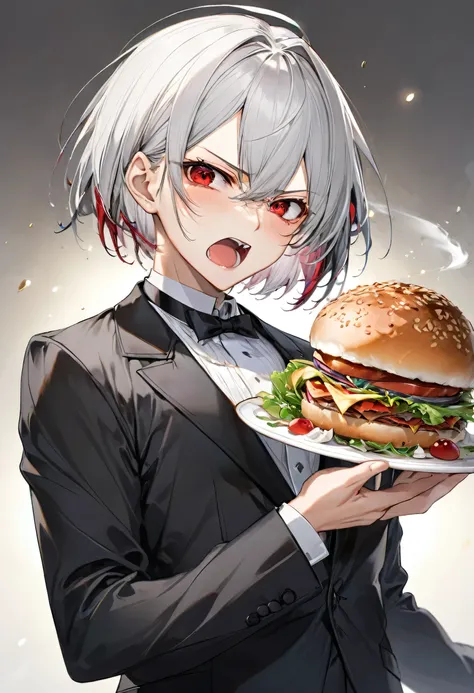 (angry:1.3 style) (wide open mouth), (16 yo, solo crew cut silver hair very short hair divine boy, angry red eyes wide open, angry:1.5 face, flat chest), (in a butler suit), break, (background is Diet scene), BREAK, perfect anatomy, masterpiece, best quali...